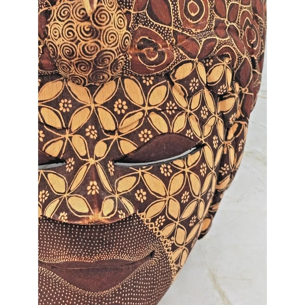 Hand Carved Indonesian Batik Wood Mask Batik Pattern Bird Motif Wall Art EUC